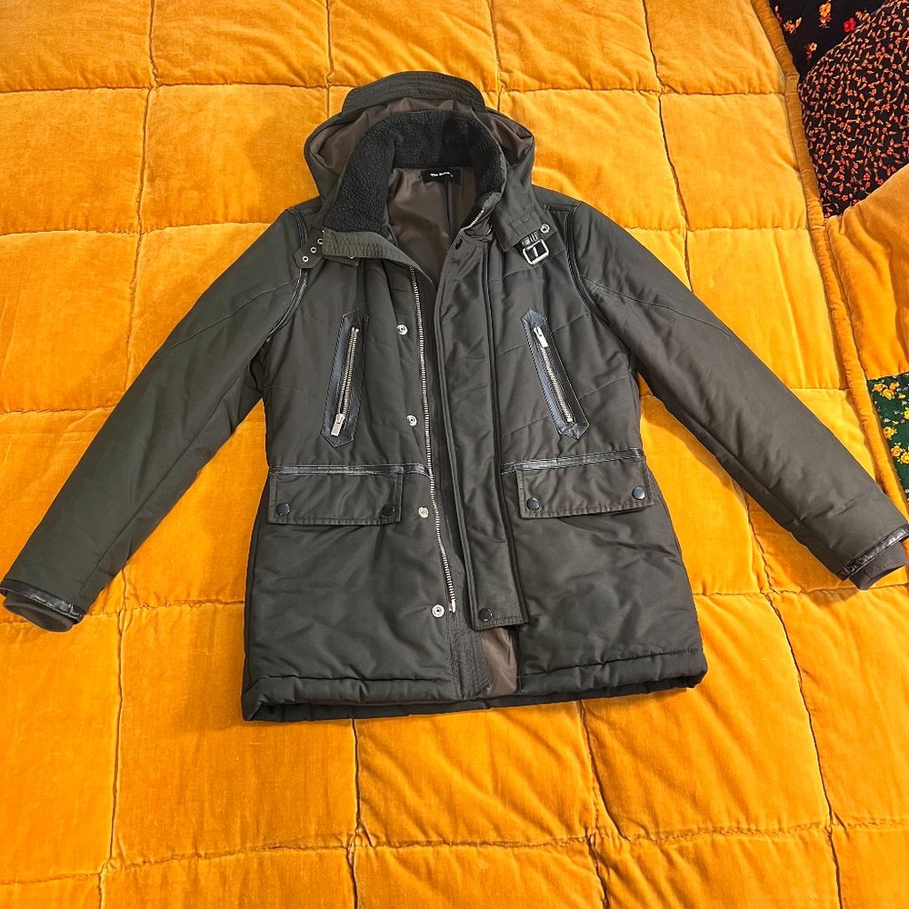 The Kooples Mens XS Heavyweight  Army Green Winter Jacket with Leather Trim